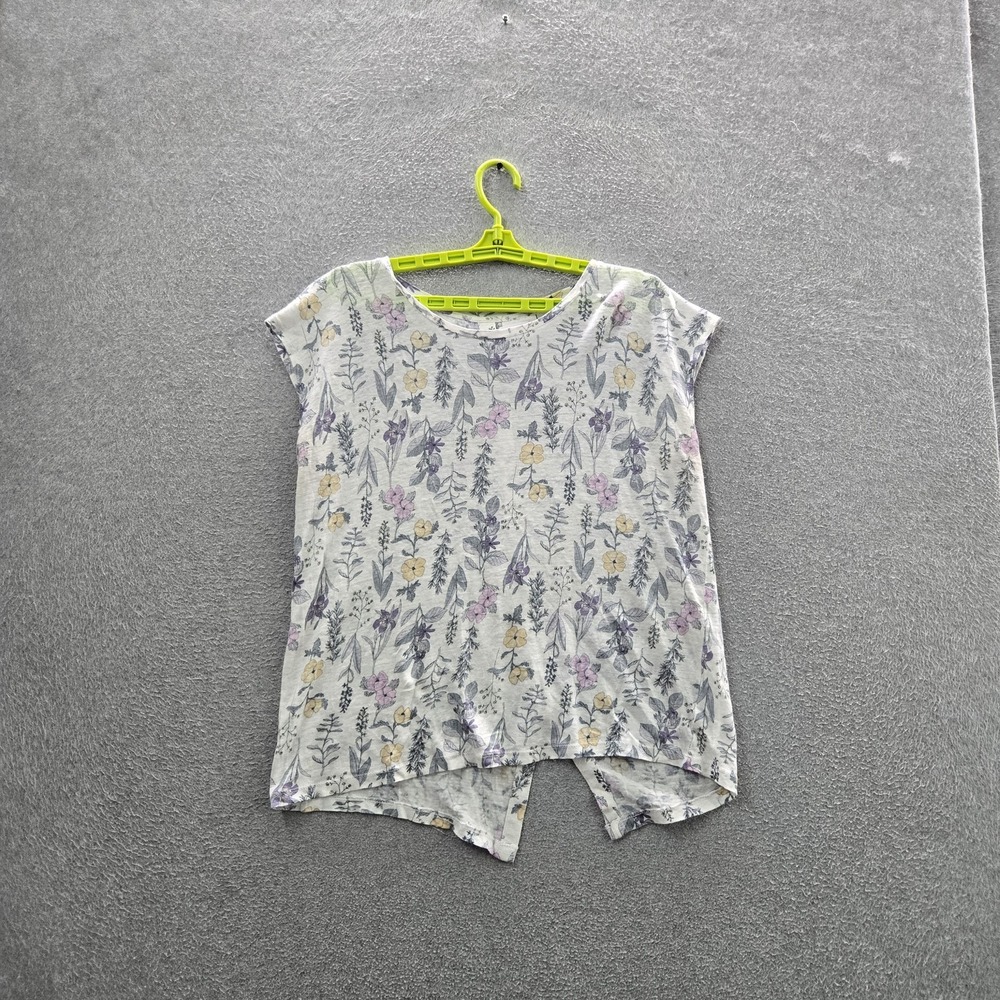 Rachel Ashwell Women Button Up Shirt L White Linen Floral Scoop Neck